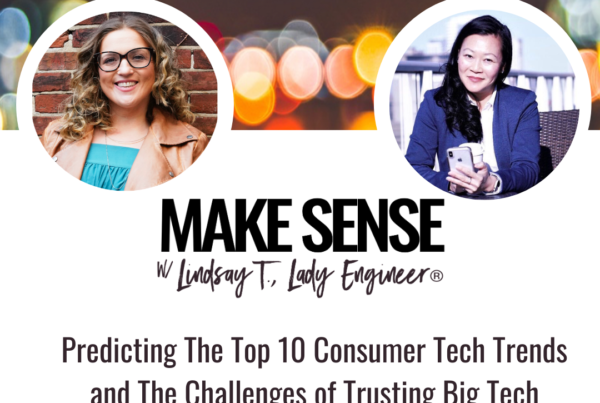 Headshots of both Lindsay Tabas and Mellie Chow accompanied by the podcast title Predicting the Top 10 Consumer Tech Trends and the Challenges of Trusting Big Tech